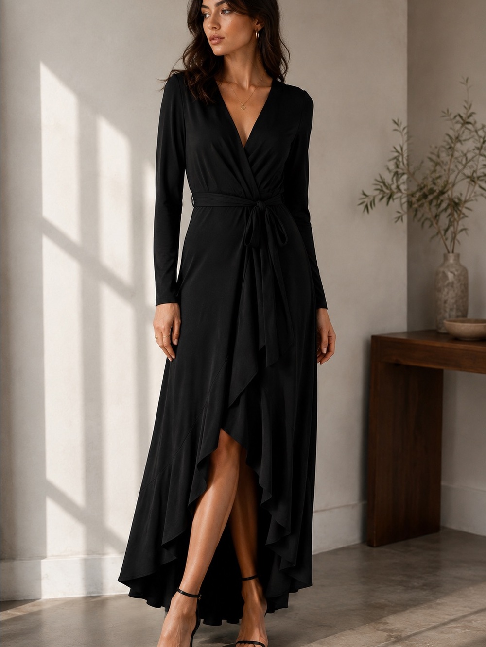 ASTR The Label NWT Black Long Sleeve High Low Wrap Maxi Dress M